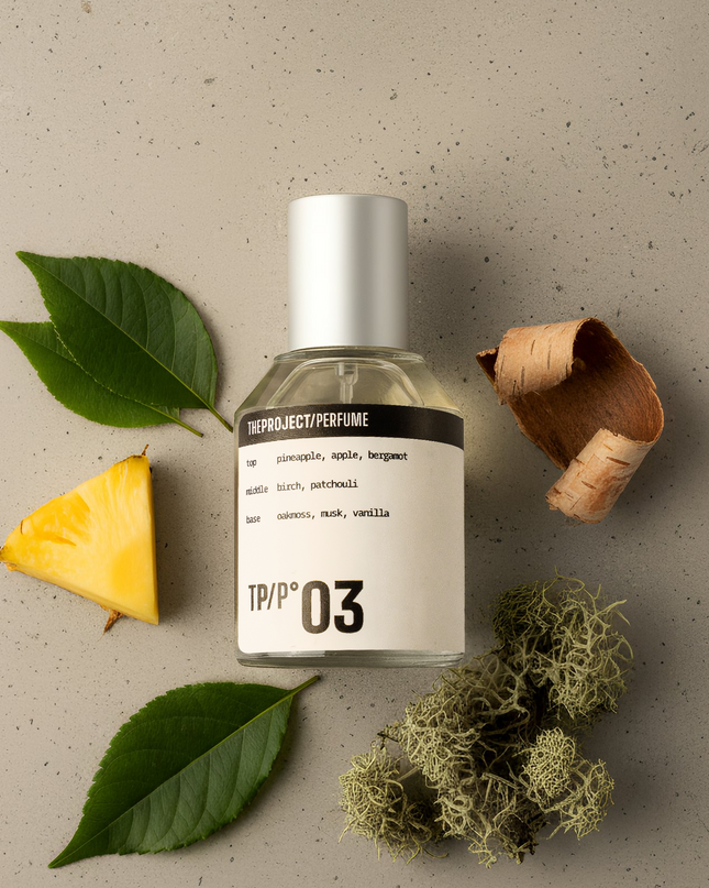 Perfume bottle labeled 'TPP 03' with a pineapple, leaves, and moss on a textured beige background