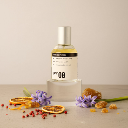 Perfume bottle labeled 'TPP 08' with dried flowers and fruits on a neutral background