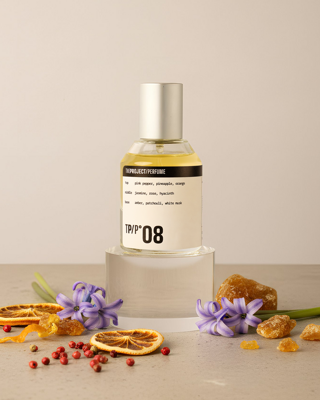 Perfume bottle labeled 'TPP 08' with dried flowers and fruits on a neutral background