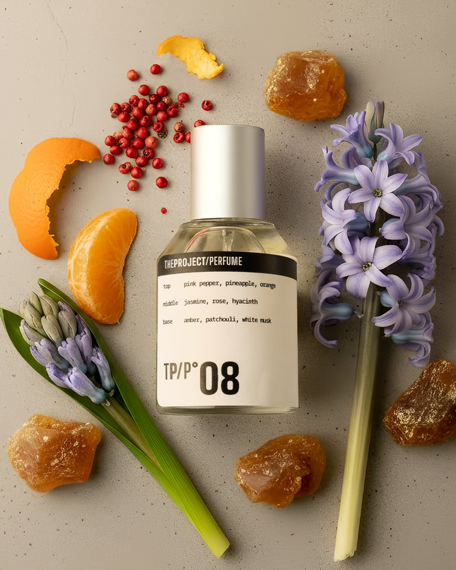 Perfume bottle with flowers and fruits on a beige background