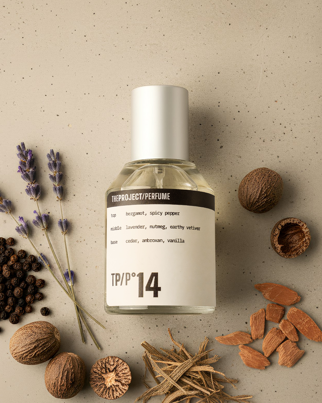 Perfume bottle labeled 'TPP14' surrounded by dried lavender, nuts, and other botanical elements on a beige background.